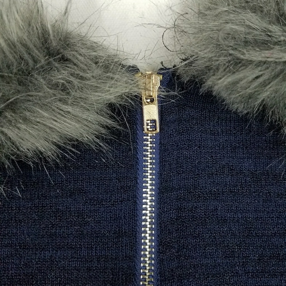 Navy Blue Fur Hooded Cape Poncho Winter Style L - Picture 6 of 8